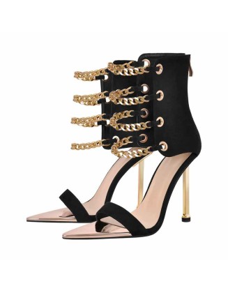 Pointed Toe Metal Chain Back Zipper Sandals