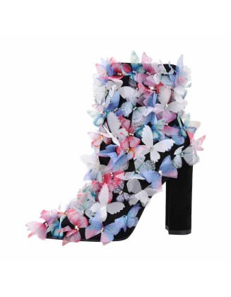 Butterfly Pointed Toe Chunky Heel Ankle Boots