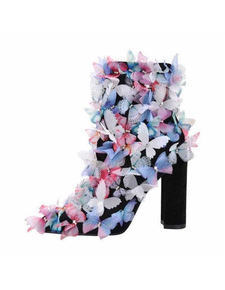 Butterfly Pointed Toe Chunky Heel Ankle Boots