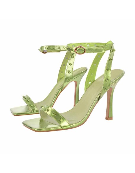 Rivet Square Toe Ankle Strap Stiletto Sandals