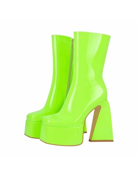 Fluorescent Green Platform Mid-Calf Chunky Boots