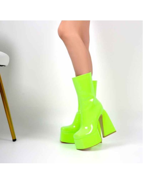 Fluorescent Green Platform Mid-Calf Chunky Boots