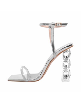 Rhinestone Buckle Strap Plexiglass Heels Sandals