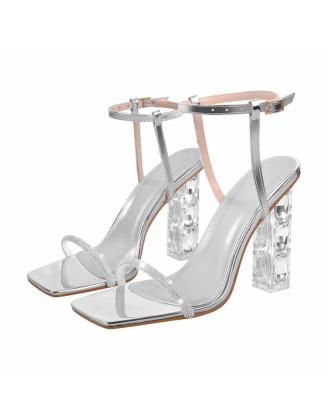 Rhinestone Buckle Strap Plexiglass Heels Sandals