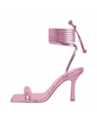 Metallic Leather Square Toe High Heels Sandals