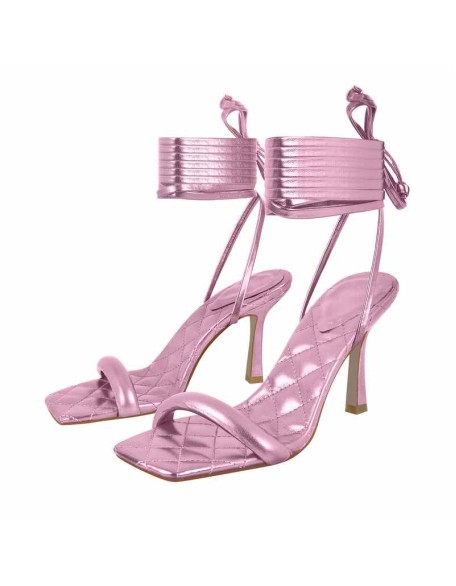 Metallic Leather Square Toe High Heels Sandals