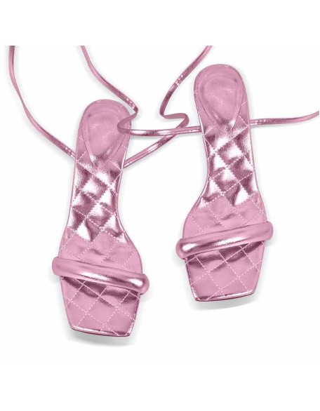 Metallic Leather Square Toe High Heels Sandals