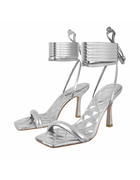 Metallic Leather Square Toe High Heels Sandals