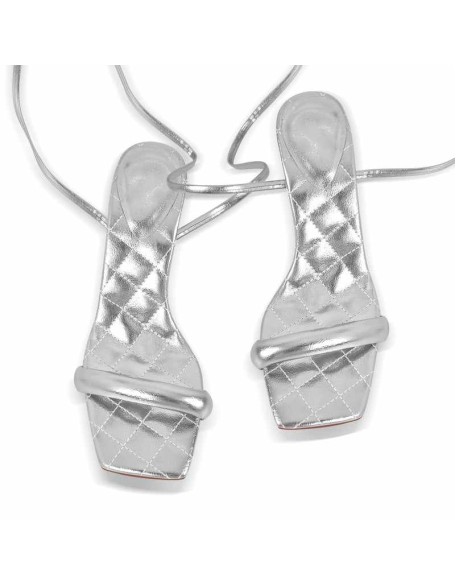 Metallic Leather Square Toe High Heels Sandals