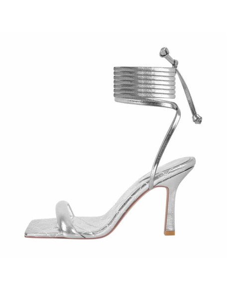Metallic Leather Square Toe High Heels Sandals