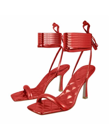Metallic Leather Square Toe High Heels Sandals