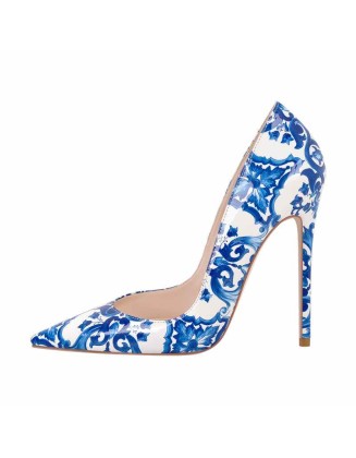 Blue and White Pattern Pointed Toe Pumps