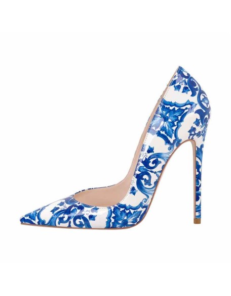 Blue and White Pattern Pointed Toe Pumps