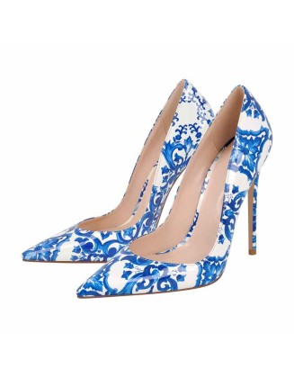 Blue and White Pattern Pointed Toe Pumps