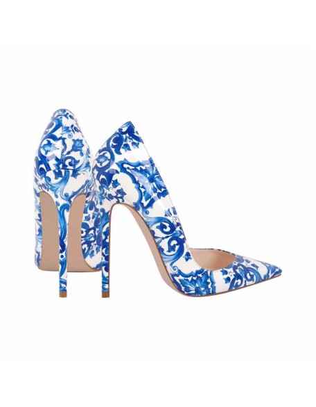Blue and White Pattern Pointed Toe Pumps