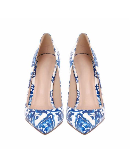 Blue and White Pattern Pointed Toe Pumps