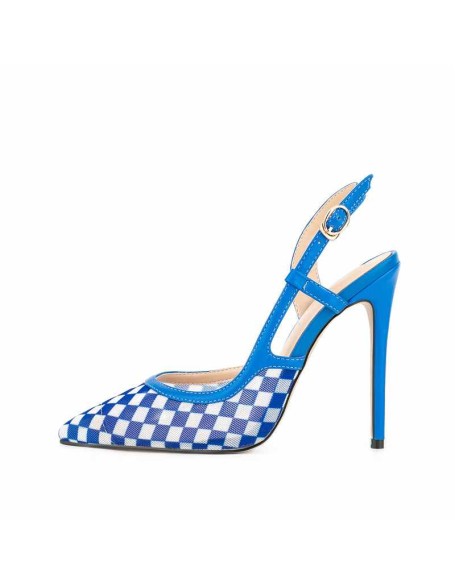 Blue Pointed Toe Slingbacks Checkered Stiletto Pumps