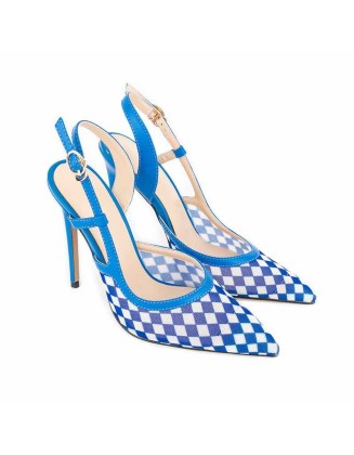 Blue Pointed Toe Slingbacks Checkered Stiletto Pumps