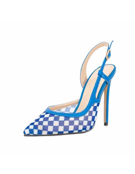 Blue Pointed Toe Slingbacks Checkered Stiletto Pumps