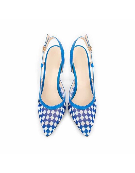 Blue Pointed Toe Slingbacks Checkered Stiletto Pumps