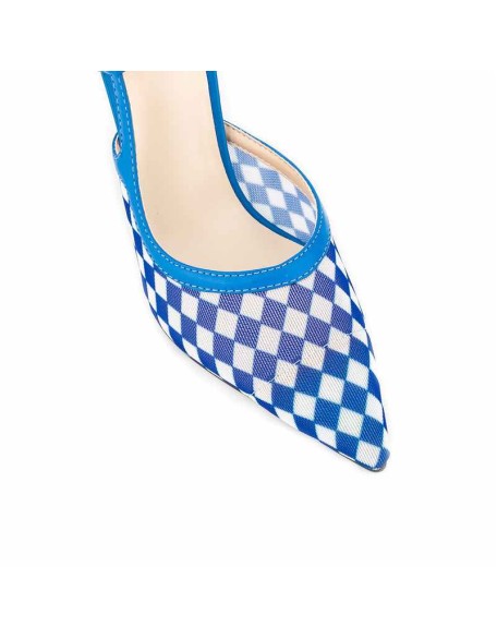 Blue Pointed Toe Slingbacks Checkered Stiletto Pumps