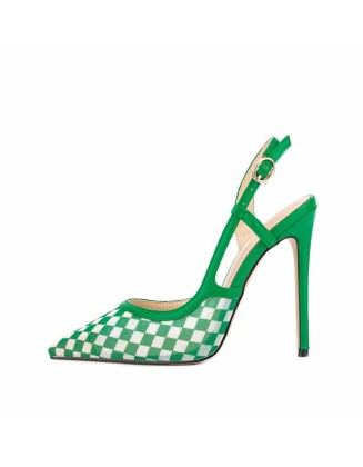 Green Pointed Toe Slingbacks Checkered Stiletto Pumps