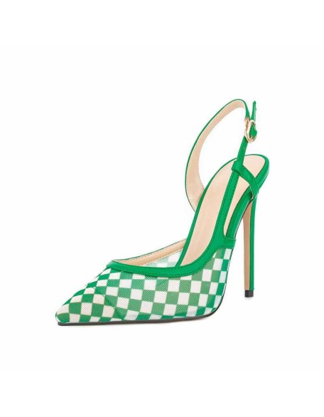 Green Pointed Toe Slingbacks Checkered Stiletto Pumps