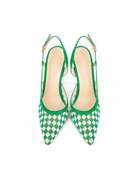 Green Pointed Toe Slingbacks Checkered Stiletto Pumps