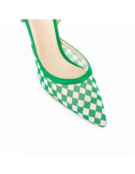 Green Pointed Toe Slingbacks Checkered Stiletto Pumps