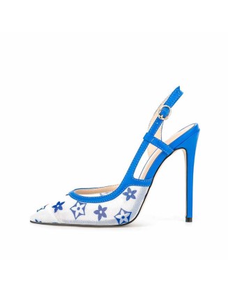 Pointed Toe Slingbacks Floral Printing Stiletto Pumps