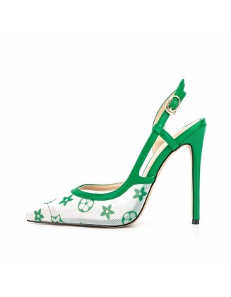 Pointed Toe Slingbacks Floral Printing Stiletto Pumps