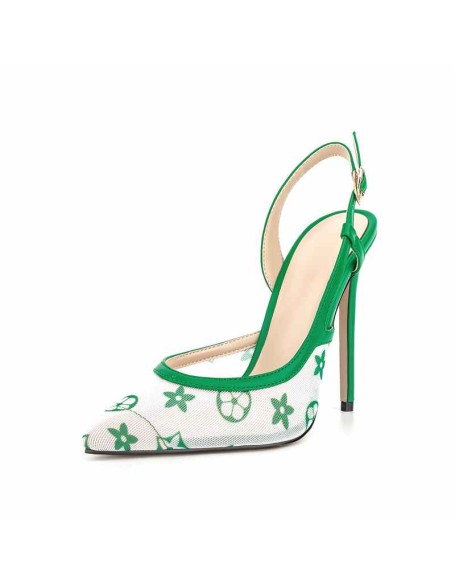 Pointed Toe Slingbacks Floral Printing Stiletto Pumps