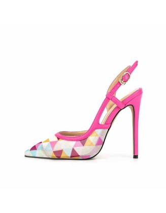 Pointed Toe Slingbacks Colorful Diamond Grid Stiletto Pumps
