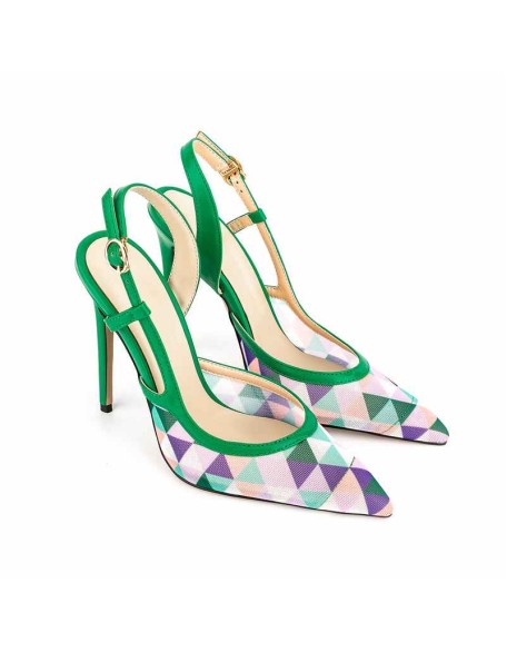 Pointed Toe Slingbacks Colorful Diamond Grid Stiletto Pumps