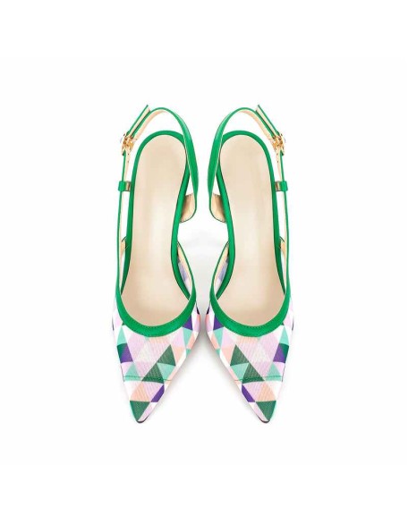 Pointed Toe Slingbacks Colorful Diamond Grid Stiletto Pumps