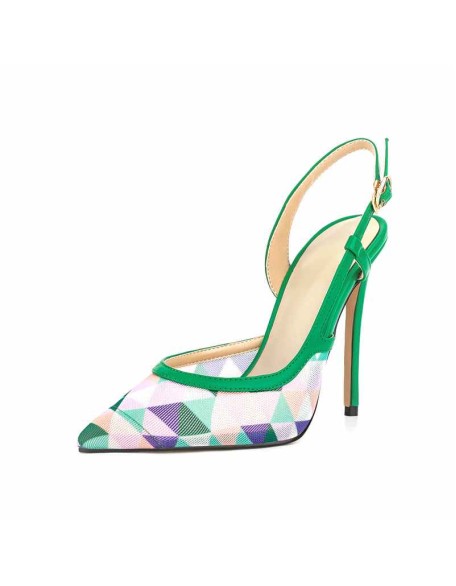 Pointed Toe Slingbacks Colorful Diamond Grid Stiletto Pumps