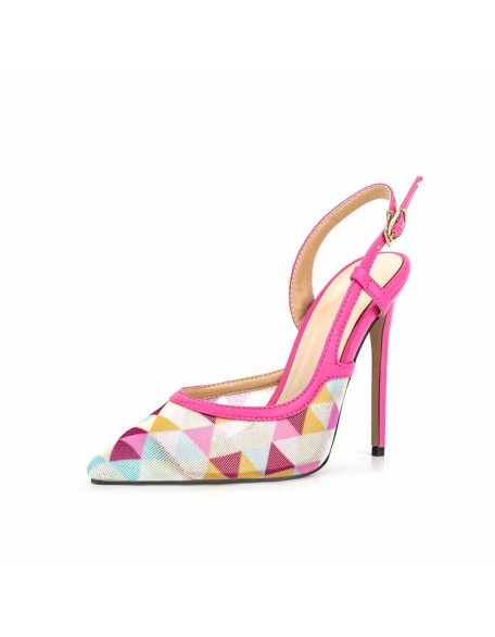 Pointed Toe Slingbacks Colorful Diamond Grid Stiletto Pumps
