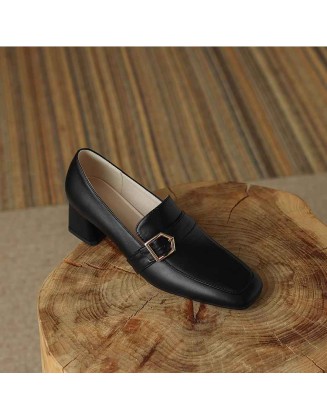 Square Toe Buckle Chunky Heel Pumps