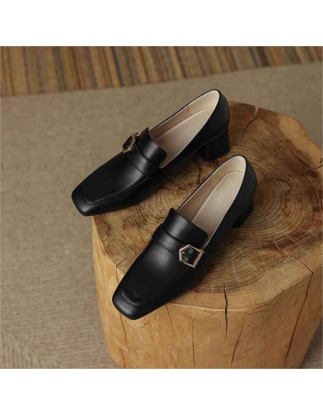 Square Toe Buckle Chunky Heel Pumps
