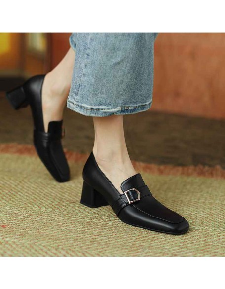 Square Toe Buckle Chunky Heel Pumps