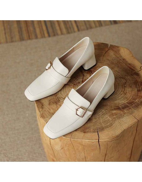 Square Toe Buckle Chunky Heel Pumps