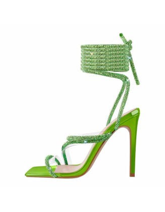 Green Rhinestone Lace-up High Heels Sandals