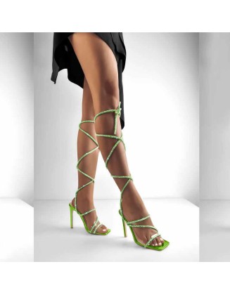 Green Rhinestone Lace-up High Heels Sandals