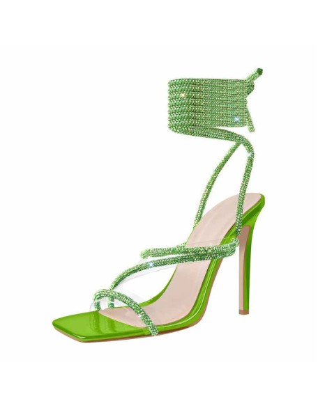 Green Rhinestone Lace-up High Heels Sandals