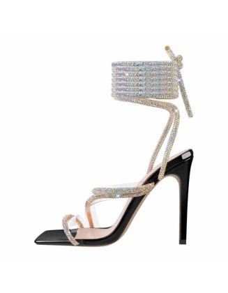 Rhinestone Square Toe Lace-up Stiletto Sandals