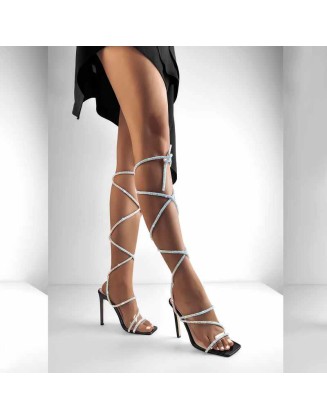Rhinestone Square Toe Lace-up Stiletto Sandals