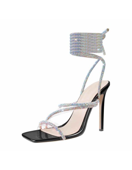 Rhinestone Square Toe Lace-up Stiletto Sandals