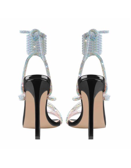 Rhinestone Square Toe Lace-up Stiletto Sandals