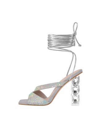 Rhinestone Open Toe Lace-up Plexiglass Heels Sandals