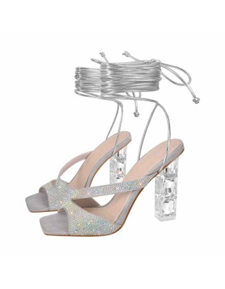 Rhinestone Open Toe Lace-up Plexiglass Heels Sandals